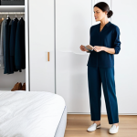 A professional woman in modest business casual attire, standing calmly in a well-lit, modern bedroom. She is gracefully selecting an outfit from an open, minimalist capsule wardrobe, which is neatly organized with a few high-quality, versatile garments. The atmosphere is serene and efficient, reflecting a relaxed morning routine. fully clothed, appropriate attire, safe for work, perfect anatomy, correct proportions, natural pose, well-formed hands, proper finger count, professional photography, high quality, appropriate content.