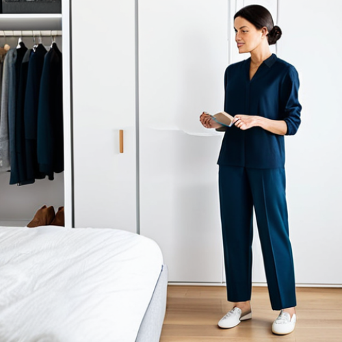 Home 4 A professional woman in modest business casual attire, standing calmly in a well-lit, modern bedroom. She is gracefully selecting an outfit from an open, minimalist capsule wardrobe, which is neatly organized with a few high-quality, versatile garments. The atmosphere is serene and efficient, reflecting a relaxed morning routine. fully clothed, appropriate attire, safe for work, perfect anatomy, correct proportions, natural pose, well-formed hands, proper finger count, professional photography, high quality, appropriate content.