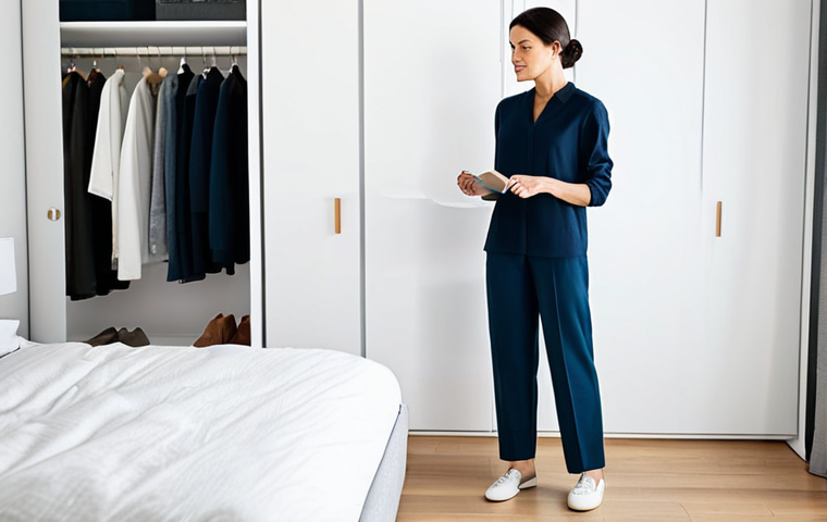 A professional woman in modest business casual attire, standing calmly in a well-lit, modern bedroom. She is gracefully selecting an outfit from an open, minimalist capsule wardrobe, which is neatly organized with a few high-quality, versatile garments. The atmosphere is serene and efficient, reflecting a relaxed morning routine. fully clothed, appropriate attire, safe for work, perfect anatomy, correct proportions, natural pose, well-formed hands, proper finger count, professional photography, high quality, appropriate content.